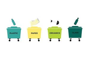 conjunto de clasificación de basura de diferentes colores: plástico, papel, orgánicos, residuos de vidrio aptos para el reciclaje. segregar los residuos, clasificar la basura. Fondo blanco. vector