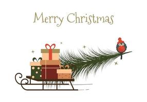 Merry christmas card with a christmas tree, winter sledge, colorful presents and bullfinch. Flat illustration. vector