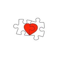 Two puzzle pieces connected with heart. Relationship concept or dating. Love greeting card. Vector illustration.