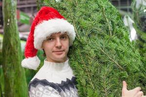 padre joven con sombrero de santa comprando árbol de navidad foto