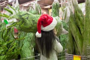 mujer joven con sombrero de santa eligiendo árbol de navidad foto