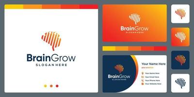 brain technology logo with growth investment arrow and business card design template vector