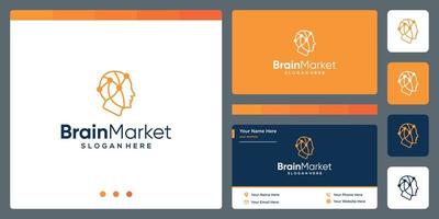 brain technology logo with financial investment analytics and business card design template vector