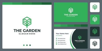 leaf garden abstract logo with cube box line and business card design template. vector premium