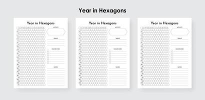 año en hexágonos rastreador de estado de ánimo anual imprimible, actividades anuales, rastreador de objetivos anuales vector