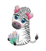 Striped zebra in a wreath of flowers, with a bouquet. Spring is coming vector