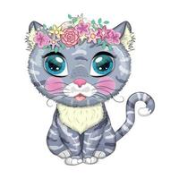 Cartoon cat with a wreath. Spring is coming. Cute child character, symbol of 2023 new chinese year vector