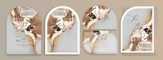 Luxury arch wedding invitation card set background with watercolor waves, marble or fluid art in alcohol ink style with golden glitter. vector