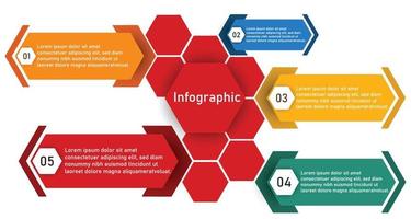 Infographic template for business information presentation. Vector hexagon and geometric elements. Modern workflow diagrams. Report plan 5 topics