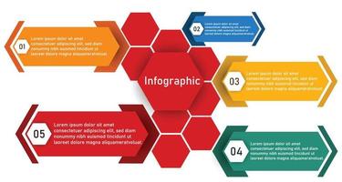 Infographic template for business information presentation. Vector hexagon and geometric elements. Modern workflow diagrams. Report plan 5 topics