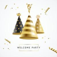 Realistic Detailed 3d Gold Hat Party Template Invitation Concept Card. Vector