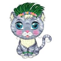 Cartoon cat dressed as a hula dancer under the ukulele, Hawaii. Summer, vacation. Cute child character, symbol of 2023 vector