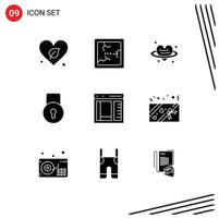 Modern Set of 9 Solid Glyphs Pictograph of develop browser love security lock pad Editable Vector Design Elements