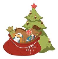 Pine tree with star on top and sack with presents vector