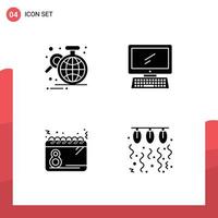 Set of 4 Commercial Solid Glyphs pack for analysis pc globe monitor day Editable Vector Design Elements