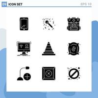 Set of 9 Vector Solid Glyphs on Grid for cone remote night monitor control Editable Vector Design Elements