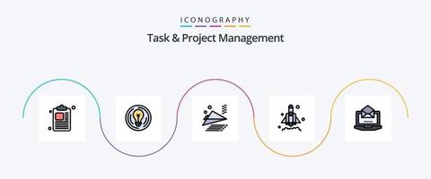 la línea de gestión de tareas y proyectos llenó el paquete de iconos planos 5, incluido el abierto. ordenador portátil. avión. servidor. cohete vector