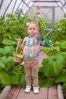 niña adorable sosteniendo las cebollas de cultivo en invernadero foto