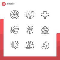 9 Universal Outline Signs Symbols of cog sort leaf funnel message Editable Vector Design Elements