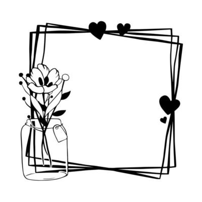 Black line flower, pollen, hearts and leaves in Jar on triple square frame. Vector illustration for decorate logo, greeting cards and any design.