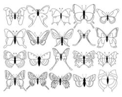 Big set butterflies on a white background, drawing decorative insect, silhouettes hand draw, isolated vector