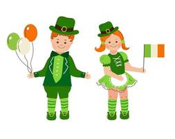 niño y niña en trajes irlandeses. S t. patrick's day.vector doodle conjunto de dibujos animados ilustración. vector