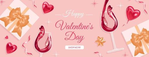Holiday banner for Valentines day. Realistic glass of sparkling rose wine. Glittering hearts. Golden stars and ribbons, Gift boxes. For advertising, website, poster, flyer vector
