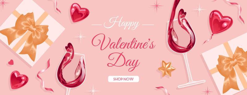 Holiday banner for Valentines day. Realistic glass of sparkling rose wine. Glittering hearts. Golden stars and ribbons, Gift boxes. For advertising, website, poster, flyer