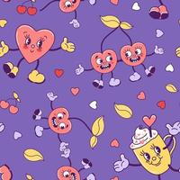 Seamless pattern A couple of cherries in love, coffee mug, heart. Trendy old retro cartoon style. Vintage vector illustration for valentines day, wallpaper, printing on fabric, wrapping,