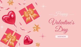 día de San Valentín. banner de venta brillante, estilo realista. globo brillante, corazón. estrellas y cintas doradas, cajas de regalo. para publicidad, sitio web, afiche, volante. vector