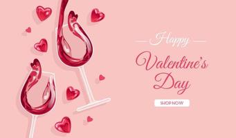 pancarta festiva para el día de san valentín, día internacional del vino. copa realista de vino rosado espumoso. corazones brillantes. para publicidad, sitio web, afiche, volante vector