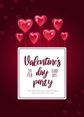 Valentines day, party invitation. Sparkling heart balloons raise a banner into the air. Modern trend illustration, realistic style. For advertising banner, website, poster, flyer.
