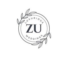 ZU Initials letter Wedding monogram logos template, hand drawn modern minimalistic and floral templates for Invitation cards, Save the Date, elegant identity. vector