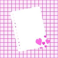 papel de nota blanco sobre un fondo rosa. se colocó una hoja de papel de cuaderno sobre un fondo de cuadros rosas con dulces corazones rosas en la esquina. día de san valentín, conceptos de amor. vector