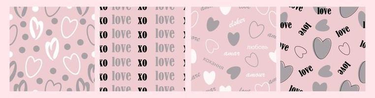 Collage of gentle romantic seamless patterns with hearts on pink background. Modern romantic design for paper, textile, cover, fabric, interior decor and other users vector