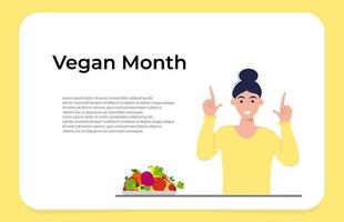 una mujer feliz comienza la dieta vegetariana en enero. el concepto de veganismo, desafío anual vegano que alienta a las personas a seguir un estilo de vida vegano vector