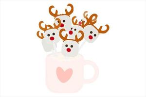 Cup of cocoa with marshmallows. Reindeer with marshmallows. Hot dessert. vector