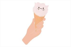 una mano sostiene un cono de helado. helado en forma de gato vector