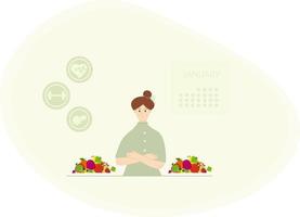 una mujer feliz comienza la dieta vegetariana en enero. . el concepto de veganismo, desafío anual vegano que alienta a las personas a seguir un estilo de vida vegano. vector