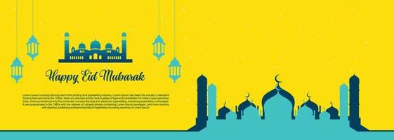 eid mubarak fondo islámico, feliz eid mubarak banner ilustración, tarjeta de felicitación islámica religión celebración musulmana. caligrafía árabe moderna vector