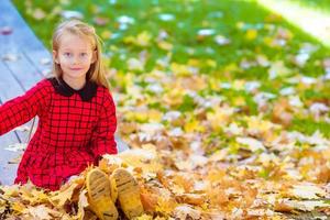 Adorable little girl have fun outdoors at beautiful autumn day photo