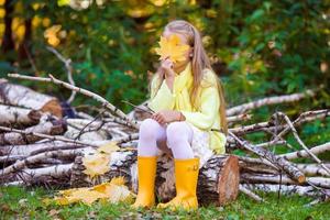 Adorable little girl have fun outdoors at beautiful autumn day photo