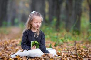 Adorable little girl outdoors at beautiful autumn day photo