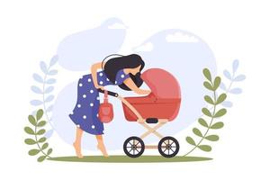 Young mother walks with stroller in park. Happy motherhood. Baby carriage. Modern parenthood. Child care. Outdoor activity concept for banner, website design or landing web page. Vector illustration