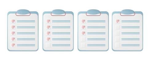 3d list with hearts. Document on a notepad with checklist in vector. Isolated clipboard with type of choice. Minimal poll icon for business application vector