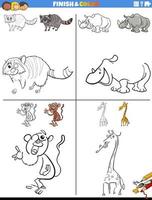 drawing and coloring worksheet with cartoon animals vector