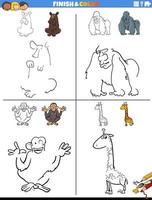 drawing and coloring worksheet with wild animals vector