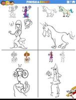 drawing and coloring task with fantasy characters vector