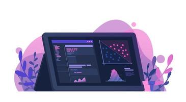 programación de ciencia de datos e ilustración de visualización de datos en el tablero del monitor con decoración de hojas estadísticas de informática vector plano