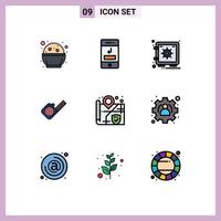 9 User Interface Filledline Flat Color Pack of modern Signs and Symbols of location tape technology measuring vault Editable Vector Design Elements